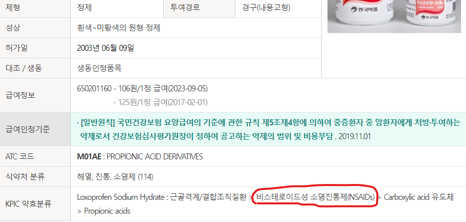 약학정보원 록소프로펜나트륨 정보중 NSAIDs 확인
