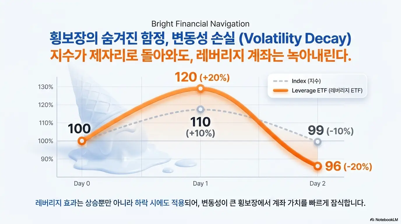 코스닥 레버리지 ETF 비교: 횡보장의 숨겨진 함정 변동성 손실이라는 문구와 함께 지수가 100에서 110으로 올랐다가 99로 돌아올 때 레버리지 ETF는 120에서 96으로 더 크게 하락하는 과정을 꺾은선 차트로 보여주는 인포그래픽 이미지. 이 이미지는 코스닥 레버리지 변동성 손실의 구조를 시각적으로 전달하며 블로그의 코스닥 레버리지 ETF 장기 보유 위험과 관련된 내용을 설명함