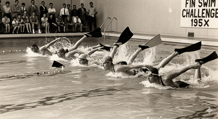 핀수영의 역사를 설명하는 오래된 흑백 사진