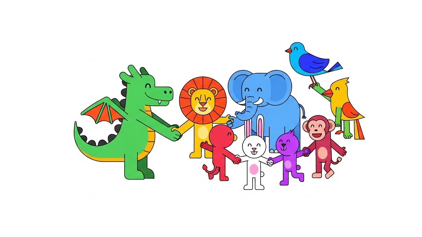 다양한 동물 친구들과 손을 잡고 원을 그리며 화합하는 용 캐릭터 일러스트