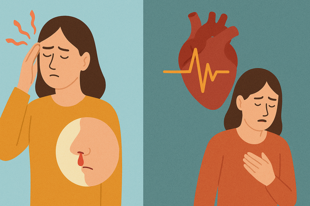 고혈압으로 인한 두통과 코피, 부정맥으로 인한 가슴 두근거림과 불편함을 겪는 여성 캐릭터 일러스트