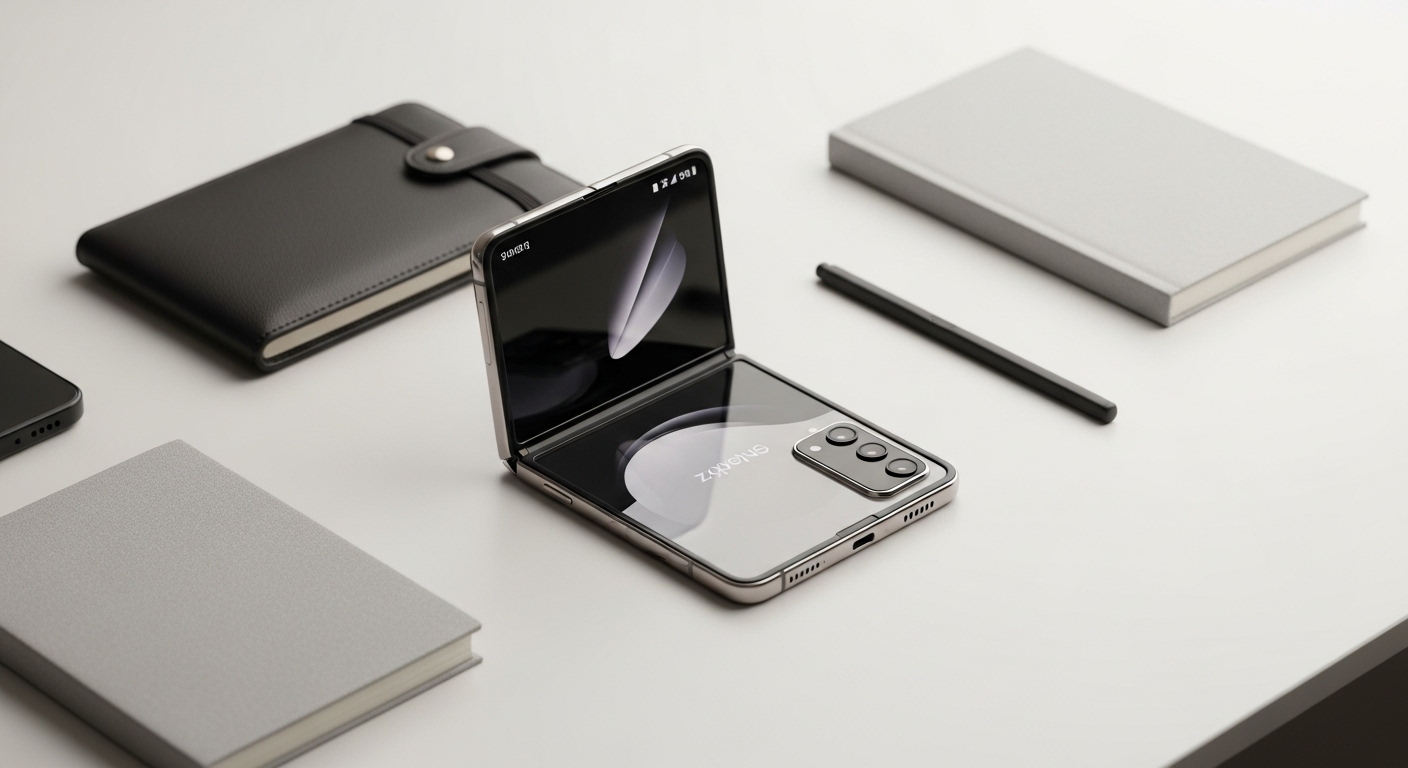 완전히 접힌 갤럭시Z 트라이폴드가 지갑, 노트와 함께 놓여있는 미니멀한 구성의 사진. 기기의 뛰어난 휴대성이 돋보입니다.