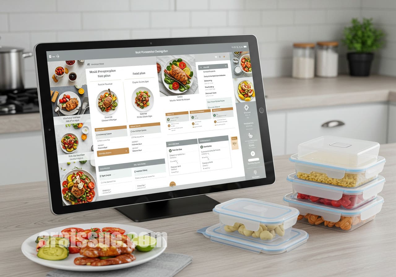 식단 계획을 세우고 음식을 준비하는 장면