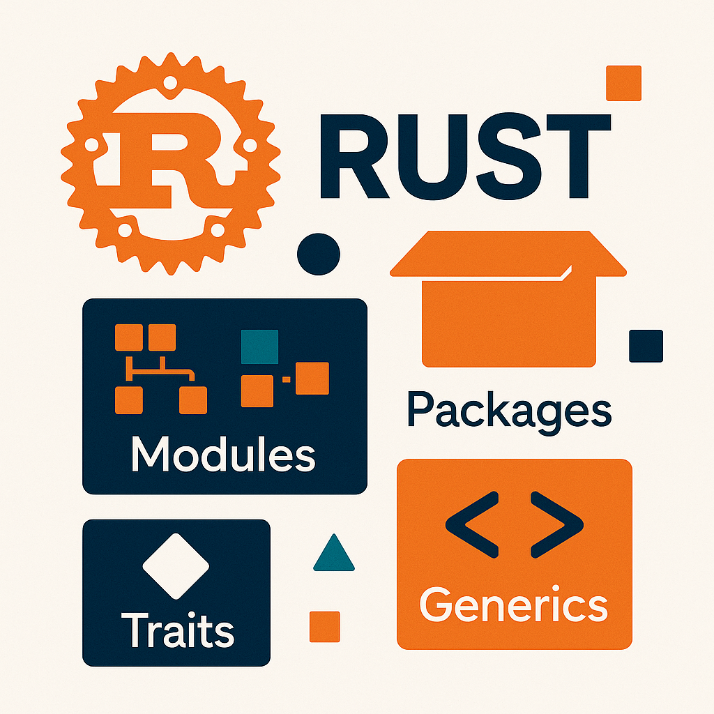 Rust programming language guide featuring modules, packages, traits, and generics concepts