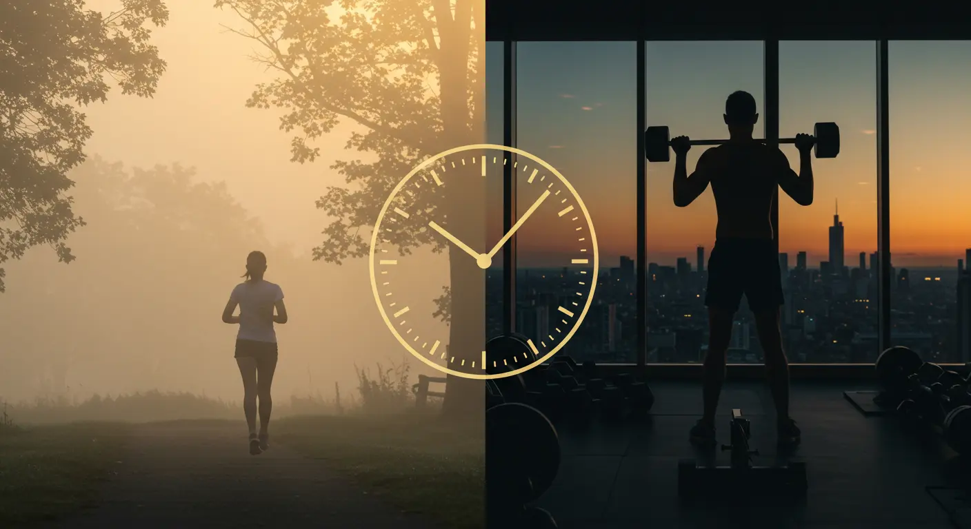 새벽 공원에서 조깅하는 사람과 저녁 도시 전망의 헬스장에서 웨이트 트레이닝하는 사람을 보여주는 분할 화면, 중앙의 황금색 시계로 운동 최적 시간대를 상징하는 이미지