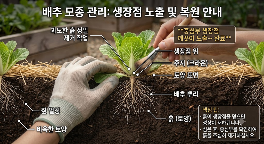 생장점이 흙에 파묻힌 배추 모종 주위의 흙을 손가락으로 가볍게 털어내고 생장점을 공기 중으로 노출하는 모습