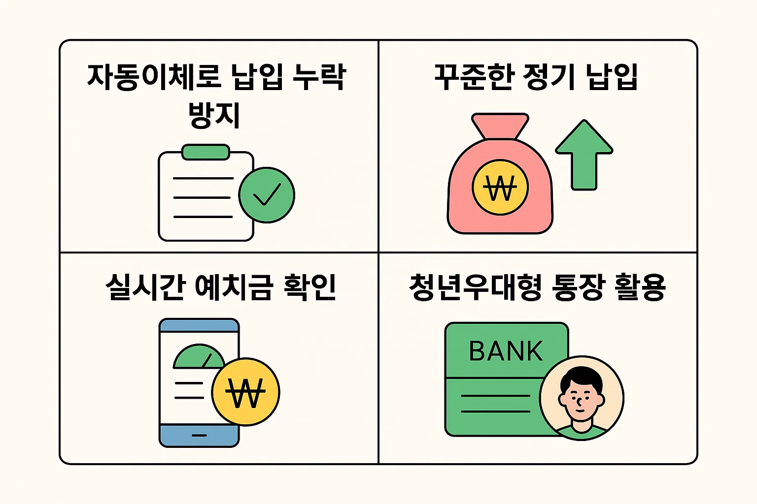 자동이체 설정, 정기 납입 습관, 실시간 예치금 확인, 청년우대형 통장 활용 등 실전 관리 전략을 정리한 인포그래픽.