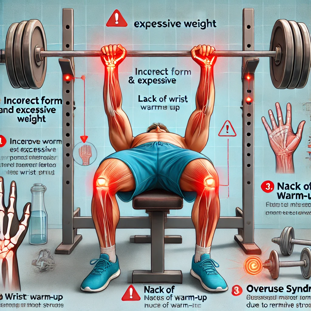 벤치프레스 손목 통증의 원인을 설명하는 교육용 일러스트. 잘못된 자세, 준비 운동 부족, 과사용 증후군을 시각적으로 나타낸 이미지.