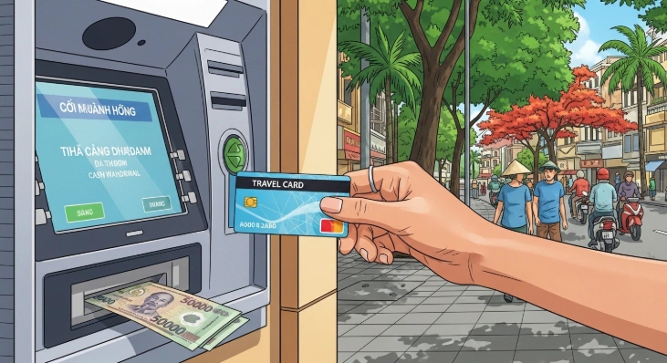 베트남 현지 ATM에서 여행자가 트래블카드를 이용해 현금을 인출하는 모습. 편리하고 안전한 해외 현금 인출 상황을 보여줍니다.