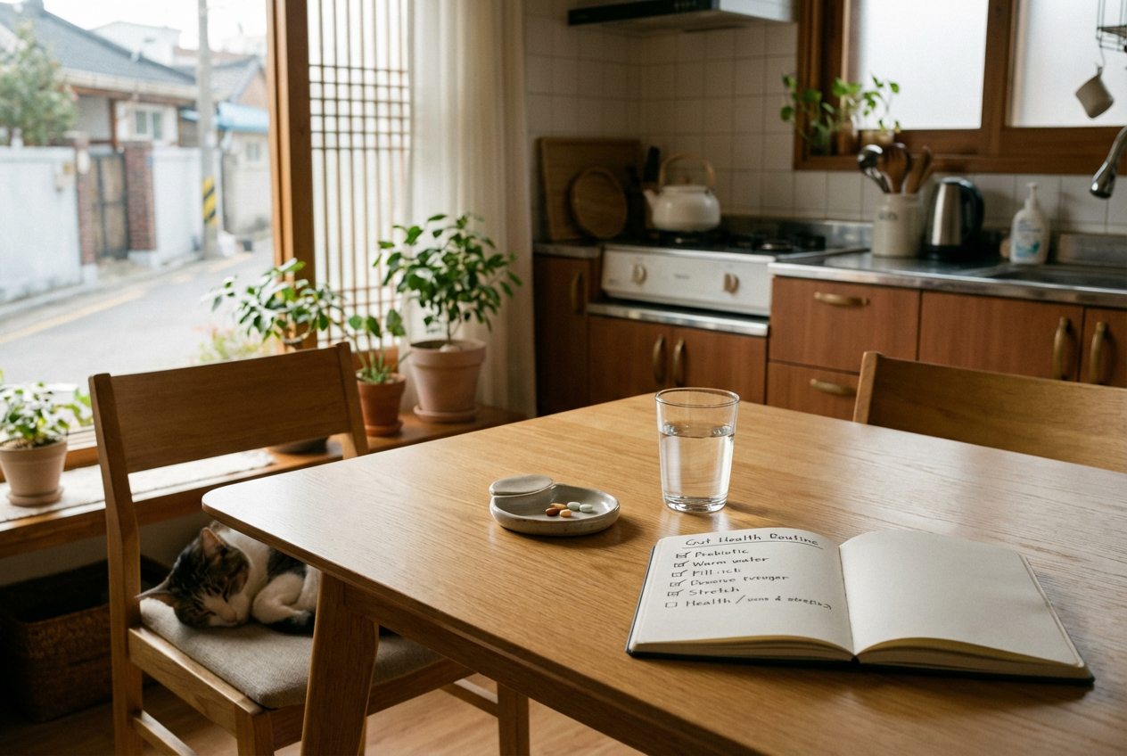햇살이 드는 한국 가정집 주방에서 식탁 위에 물 한 컵과 영양제 알약 접시, &lsquo;Gut Health Routine&rsquo;가 적힌 노트가 놓여 있고 옆 의자에는 고양이가 잠들어 있는 장 건강 아침 루틴 라이프스타일 사진.