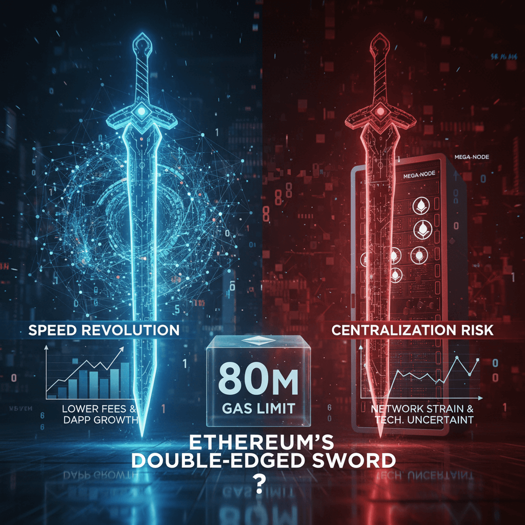 이더리움의 양날의 검. 80M 가스 한도가 속도 혁명(낮은 수수료, DAPP 성장)과 중앙 집중화 위험(네트워크 부담, 기술 불확실성)을 나타낸다.