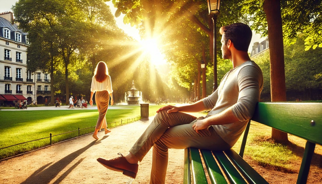 공원 벤치에 앉아 있는 남성과 산책하고 있는 여성 사진
