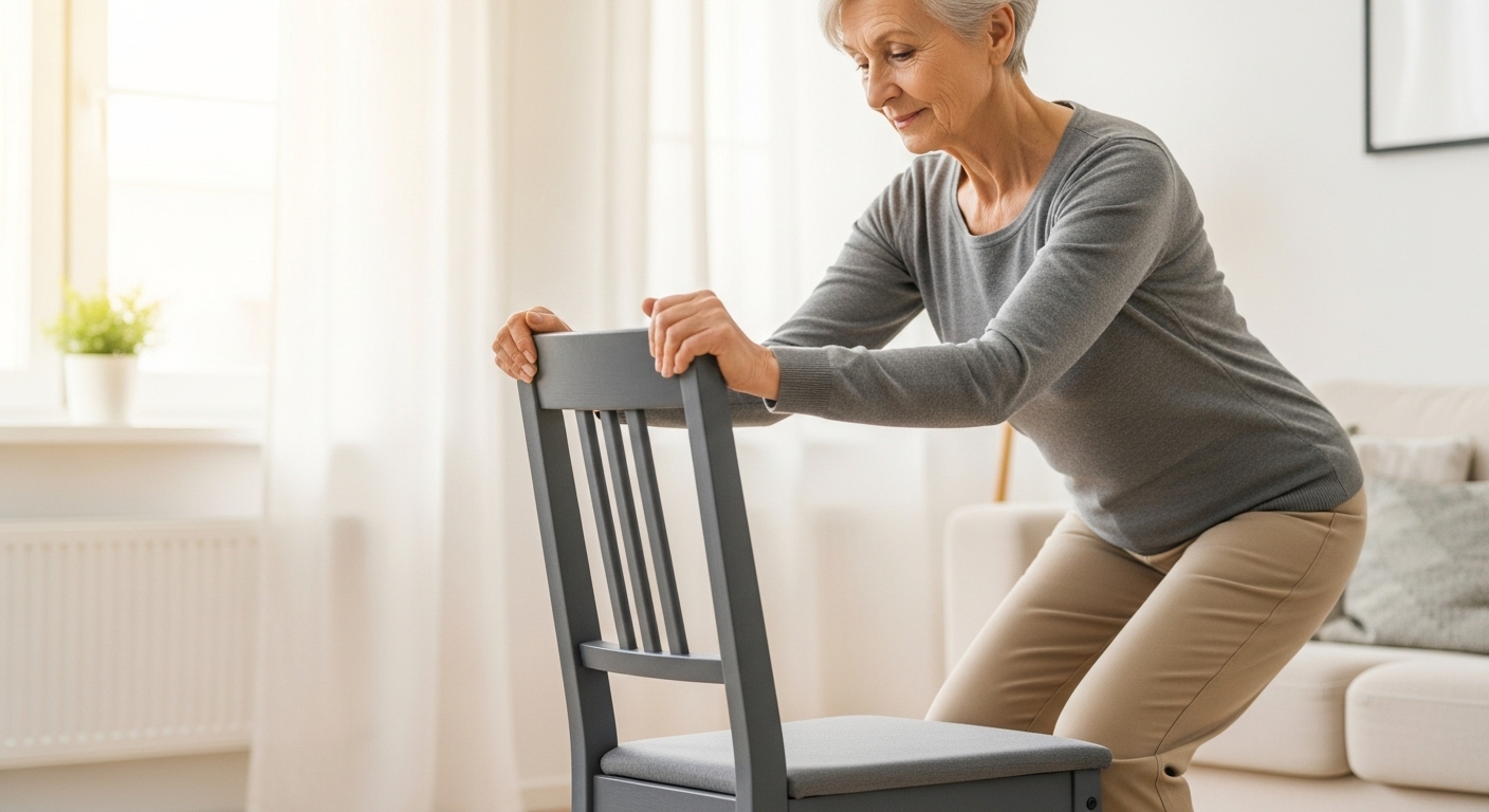 안전을 위해 의자를 잡고 정확한 자세로 스쿼트 운동을 하는 50대 시니어 여성.