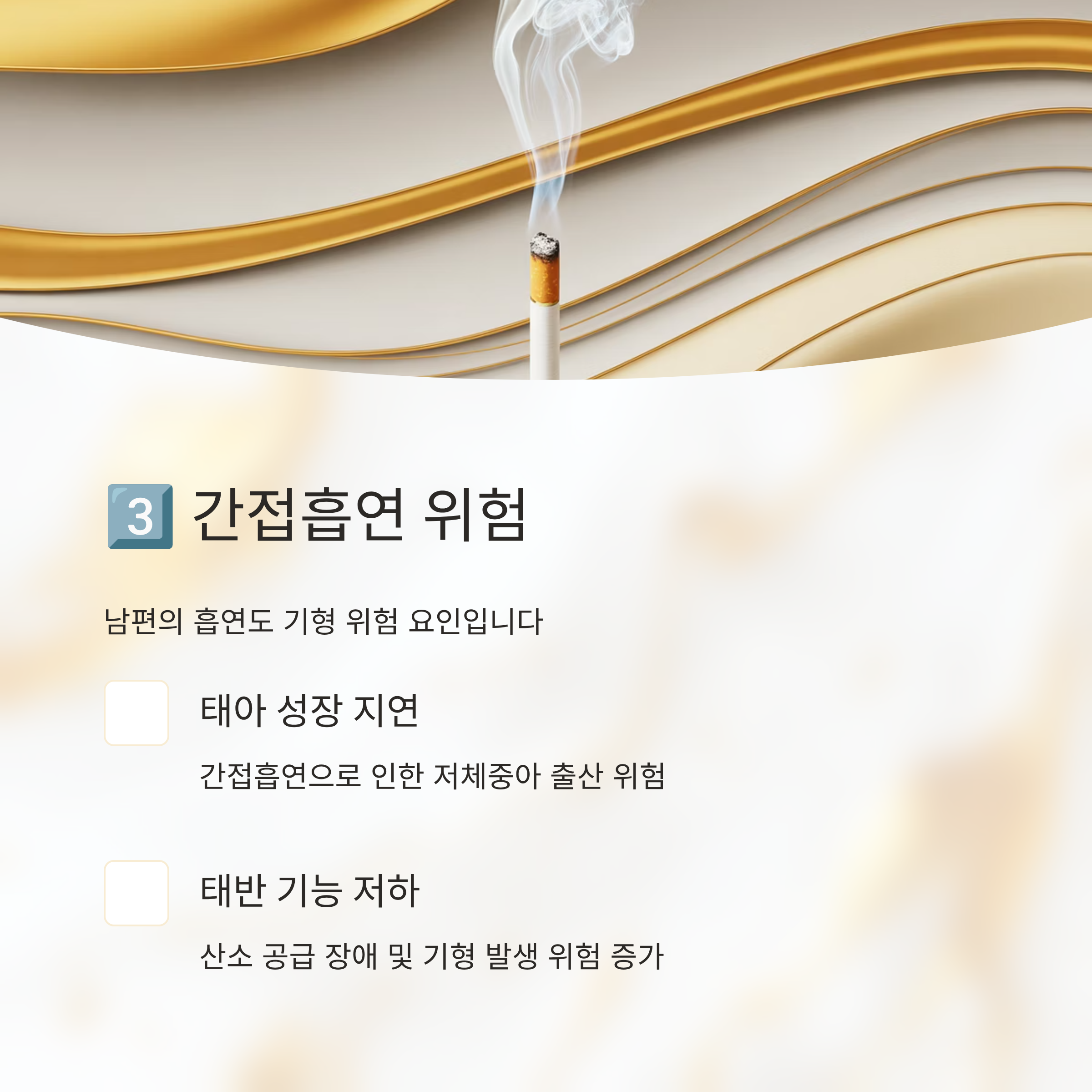 임신 중 간접흡연의 위험성을 설명하는 인포그래픽으로, 담배와 연기가 표현된 배경에 태아 성장 지연&middot;기능 저하 등 영향이 정리된 이미지