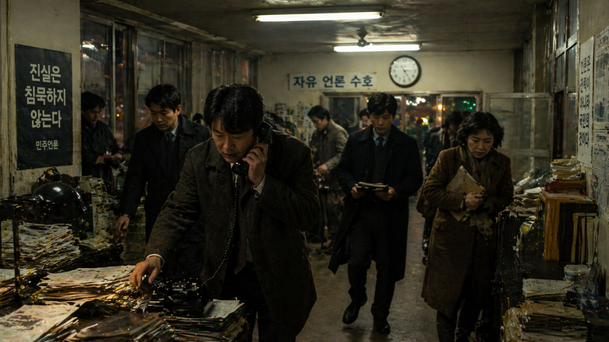 어두운 형광등 아래 서류를 들고 급히 움직이는 사람들로 긴장감이 감도는 1980년대 실내 장면