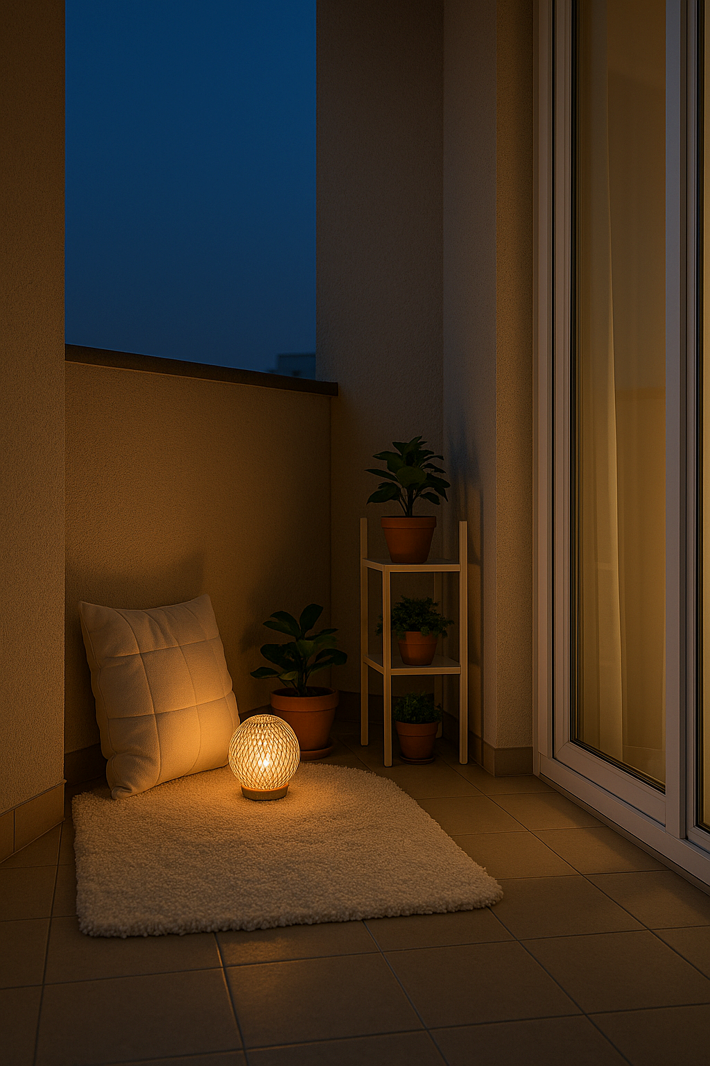 러그와 쿠션, 무드등 조명으로 아늑하게 꾸며진 발코니