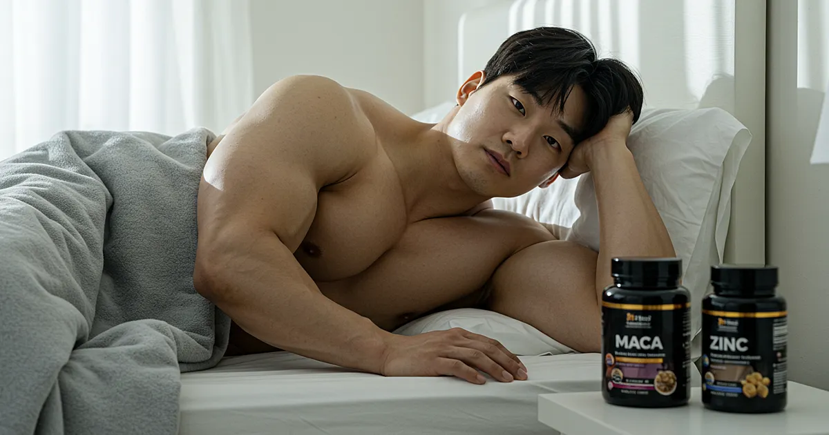 상반신을 드러낸 남성이 침대에 누워 편안한 표정을 짓고 있으며, 앞에는 마카와 아연 영양제가 놓여 있는 장면