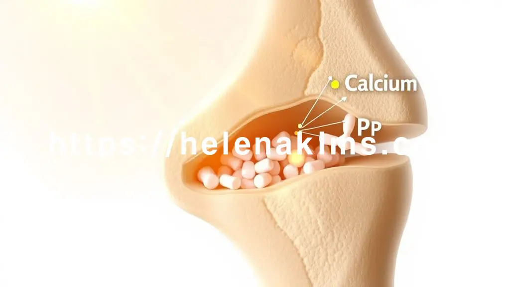 깨끗하고 밝은 배경에 인체 뼈 단면이 중심. 뼈 내부로 흰색 칼슘 입자들이 부드럽게 흡수되는 모습.