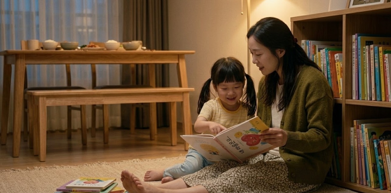 은은한 저녁 조명 아래, 거실 책장 앞에서 엄마와 3세 아이가 나란히 앉아 함께 책을 보며 다정하게 대화하는 모습. 스마트폰 없이 오로지 서로에게 집중하며 따뜻한 저녁 식사가 준비된 평화로운 가정의 풍경을 통해 아이의 정서적 안정과 성장형 마인드셋이 준비된 모습