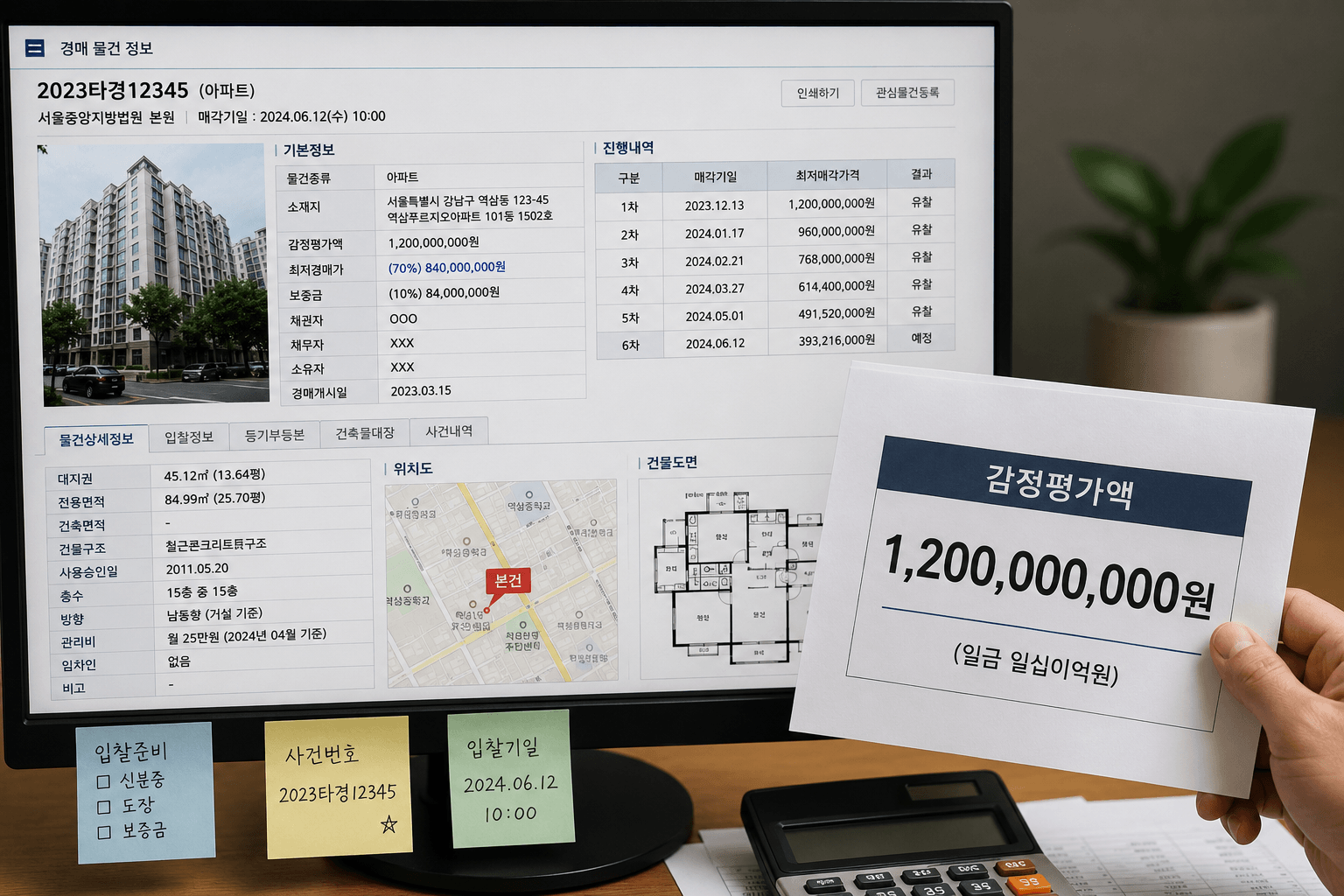 경매 물건 정보 화면과 감정가 표시 사진