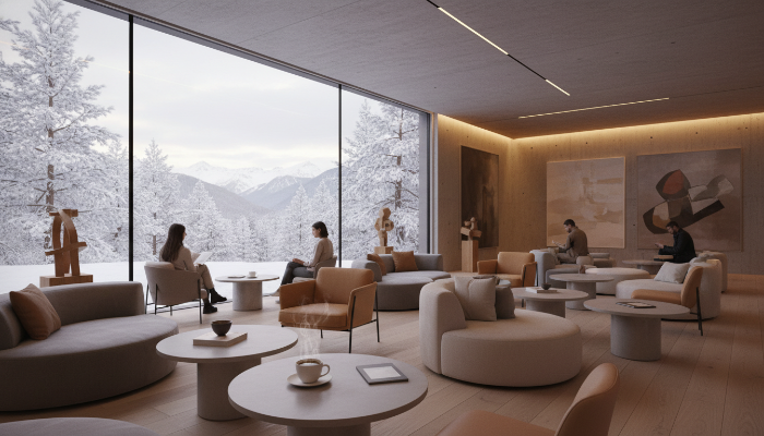 현대미술 박물관 내부에 있는 아늑한 카페 공간, 창밖으로는 눈 덮인 풍경이 보이고 따뜻한 음료가 놓여있다.