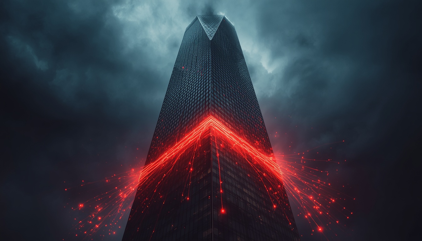 A conceptual image representing Big Tech's financial risk symbolized by chains wrapped around a skyscraper.