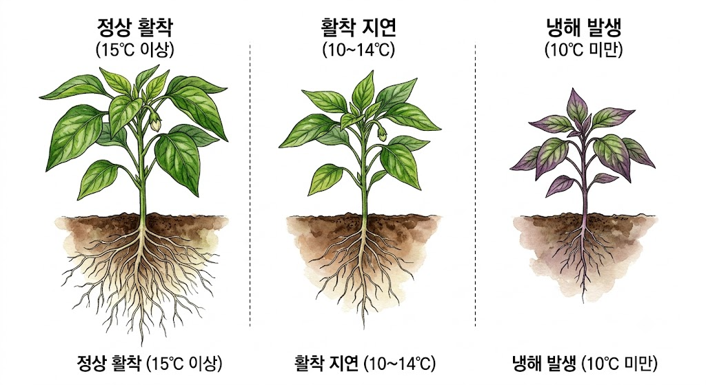밤 기온과 지중 온도 변화에 따른 고추 모종의 정상적인 생육 상태와 저온 장애 상태를 대조한 설명 인포그래픽