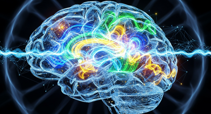 인지 기능이 활발하게 자극되고 있는 시니어의 뇌를 시각적으로 표현한 추상적인 이미지.