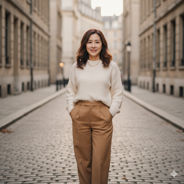 아이보리 니트에 카멜색 와이드 팬츠를 입은 40대 여성의 전신