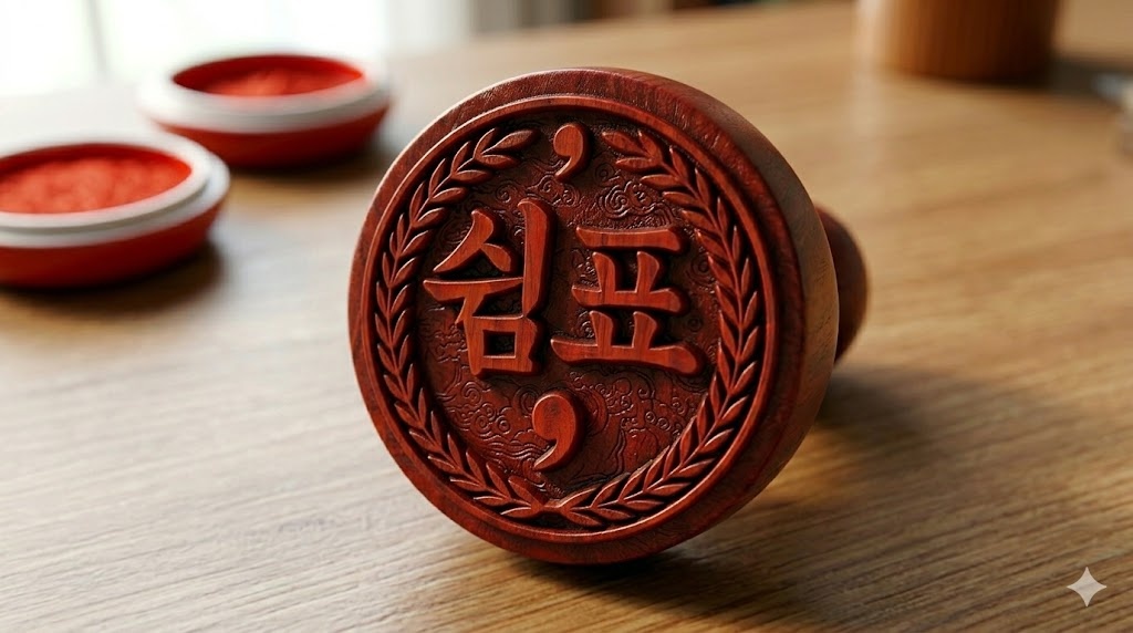 alt+설명: 나뭇결이 고스란히 살아있는 짙은 갈색 나무 인장. 가운데에는 '쉼표'라는 한글 문구가 정갈하게 새겨져 있고, 그 주위를 섬세한 월계수 잎 문양과 작은 쉼표 기호들이 감싸고 있습니다. 뒤편에는 빨간색 인주가 담긴 용기가 살짝 보입니다.