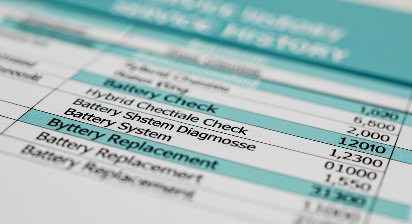 하이브리드 배터리 관련 수리 및 점검 이력이 기록된 차량 정비 기록부를 꼼꼼히 살펴보는 모습.