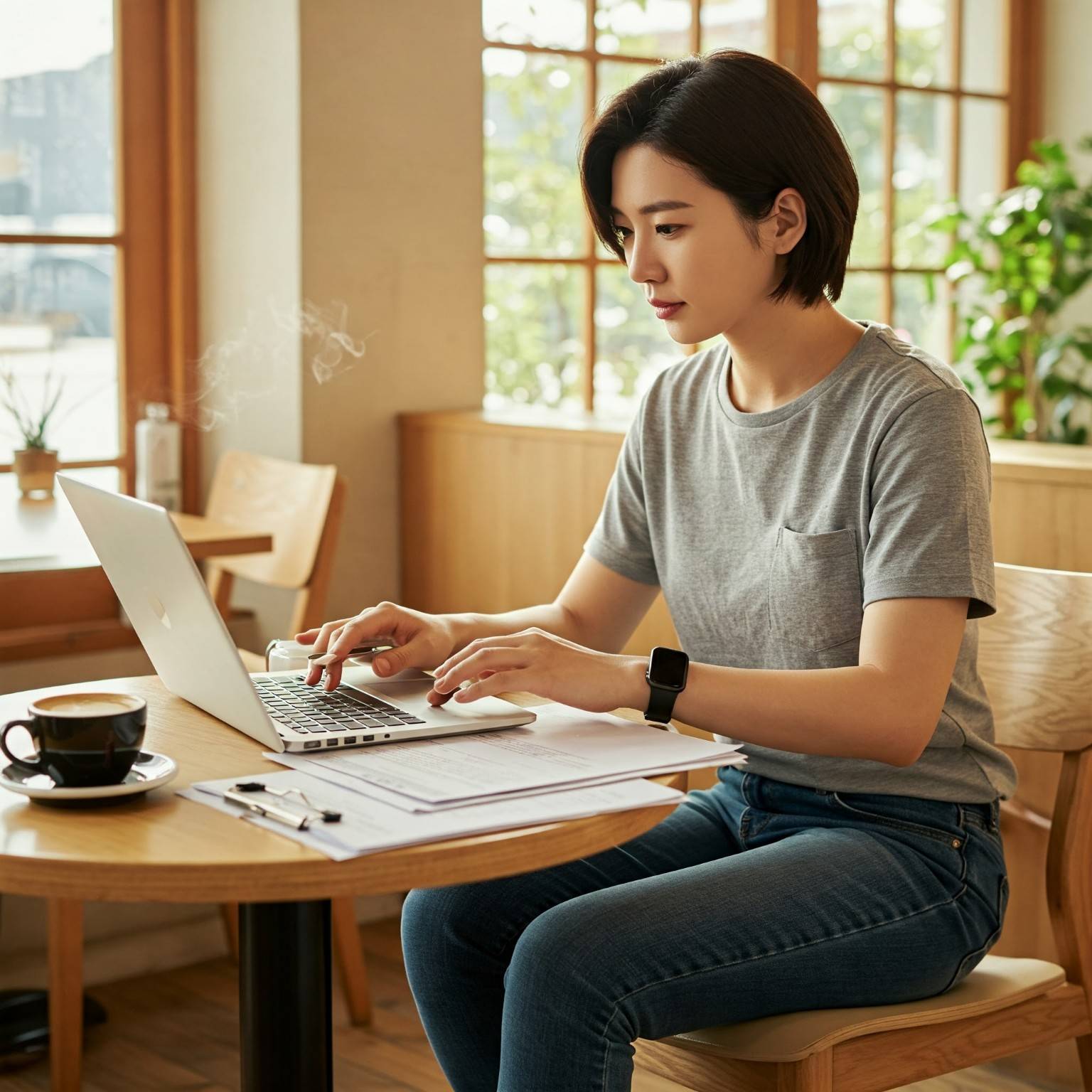 카페나 집에서 노트북을 보며 서류를 정리하는 프리랜서 모습