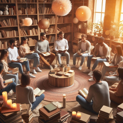 환한 햇살이 들어오는 책방에서 사람들이 원을 이루어 앉아 책을 읽고 있습니다.