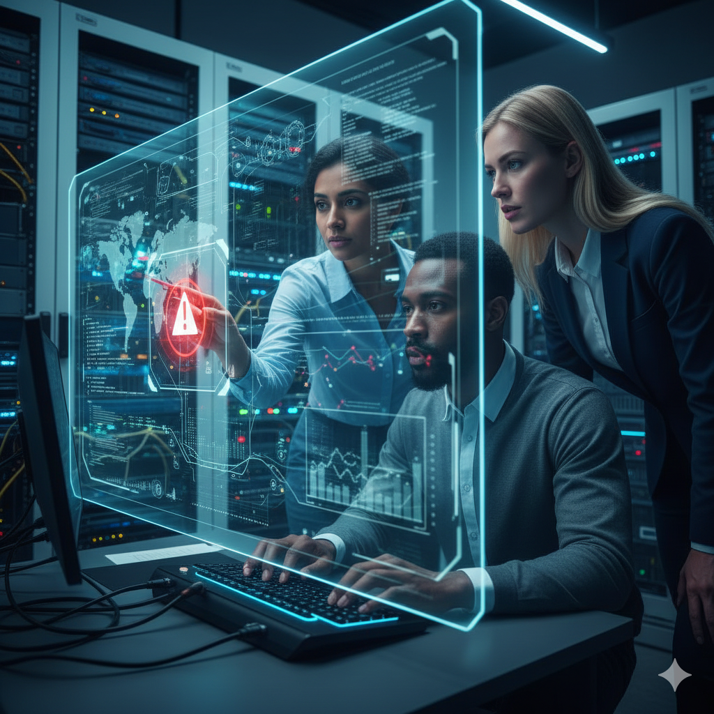 첨단 보안 관제 센터에서 세 명의 전문가가 투명한 홀로그램 디스플레이에 나타난 전 세계 지도와 보안 공격 징후를 다급하게 분석하는 현장