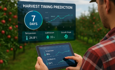 수확 예측 시스템을 태블릿으로 확인하는 농부가 사과밭에서 작물 데이터를 분석하고 있는 모습