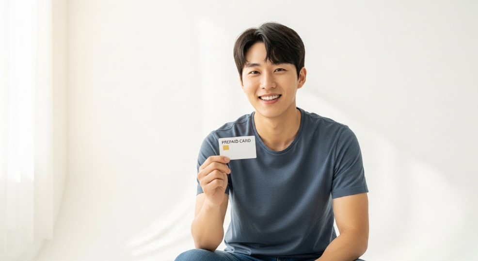 선불카드 수령 후 미소짓는 청년
