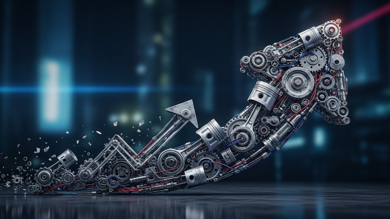 A financial graph arrow soaring upwards, composed of mechanical gears and robot parts, representing the growth of the robotics industry