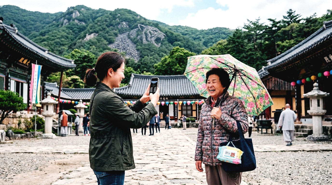 영동 반야사 삼층석탑 근처에서 호랑이 모양 돌 절벽을 배경으로 기념사진을 촬영 중인 모녀의 모습