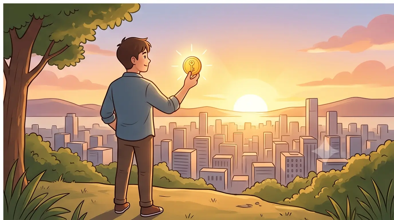 일출이 비치는 도시 전경을 바라보며 열쇠가 새겨진 빛나는 금화를 높이 든 청년 일러스트