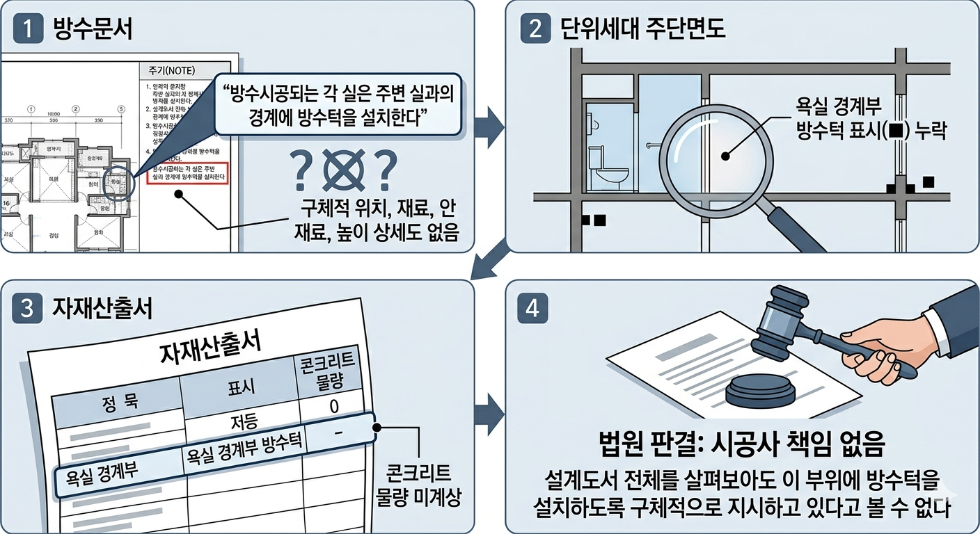아파트 화장실 누수 하자 소송, 설계도에 방수 기재 없으면 시공사 책임 없다? &mdash; 서울고등법원 2024나2003037 판결 분석