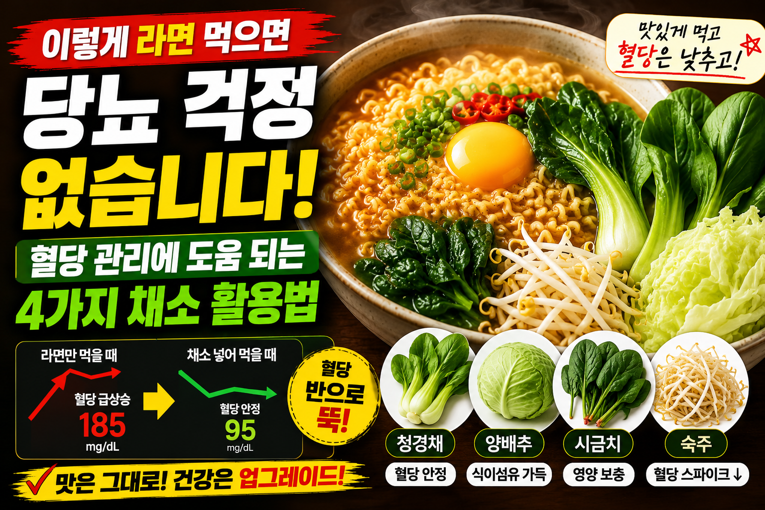 이렇게 라면 먹으면 당뇨 걱정 없습니다, 혈당 관리에 도움 되는 4가지 채소 활용법