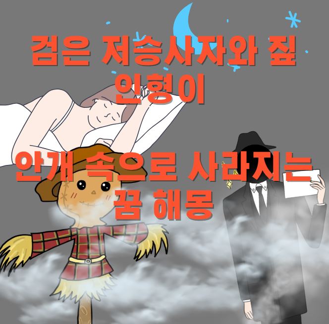 잠들어 꿈을 꾸는 여성, 그 아래로 꿈속에 나오는 장면으로 저승사자와 짚인형이 서있다.