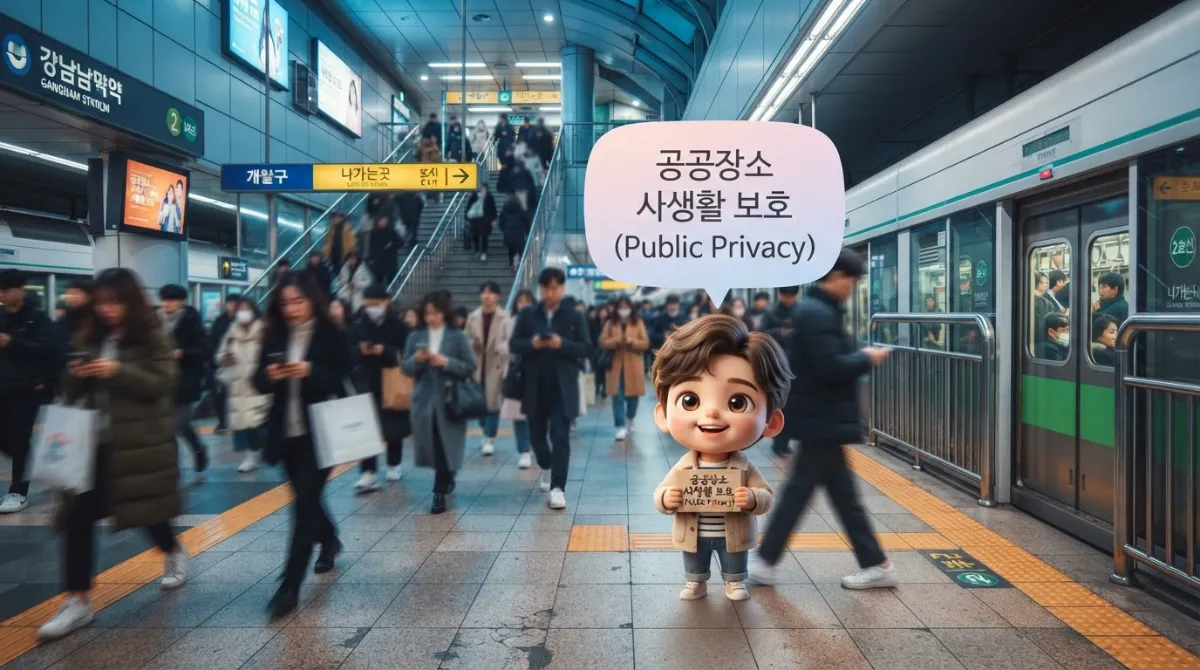 서울 지하철과 횡단보도 등 공공장소에서의 사생활 보호 인식을 설명하는 이미지