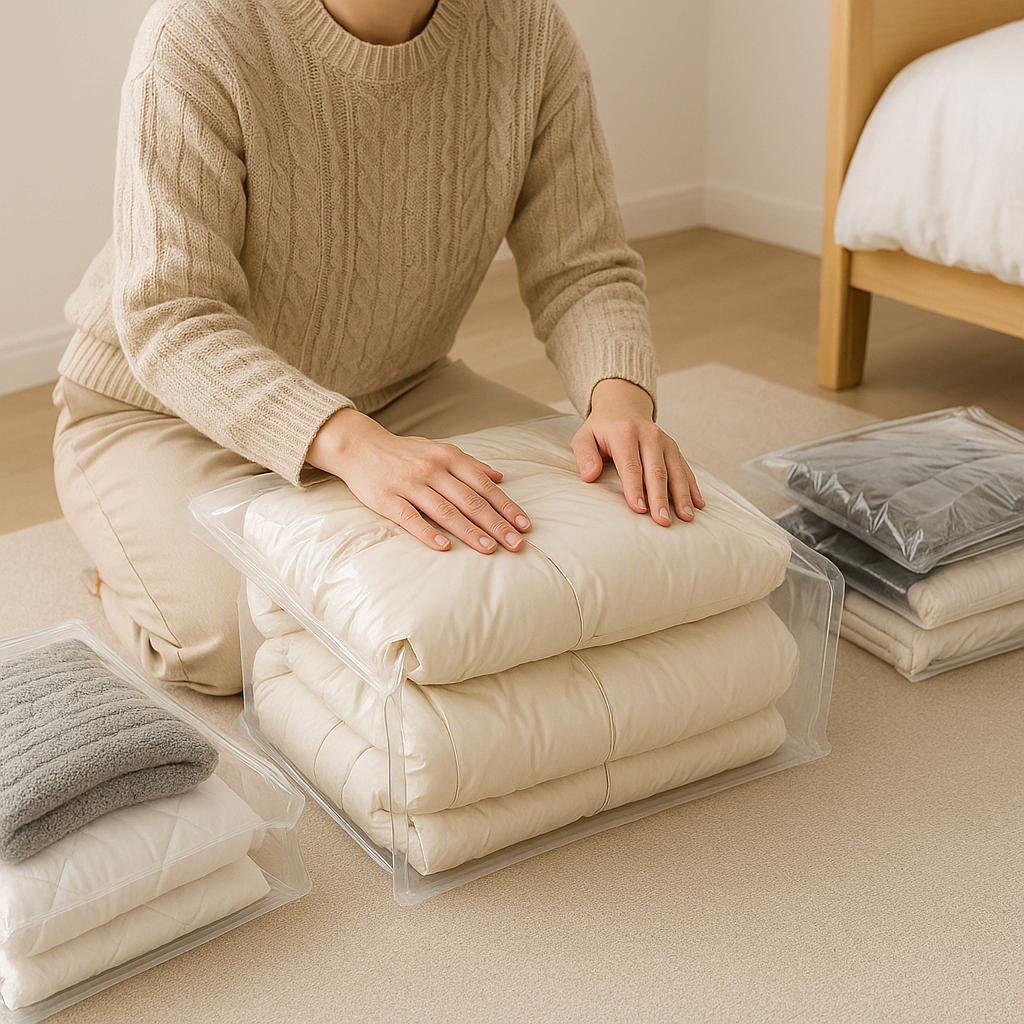 겨울 외투와 두꺼운 이불을 압축팩에 넣어 정리하는 모습