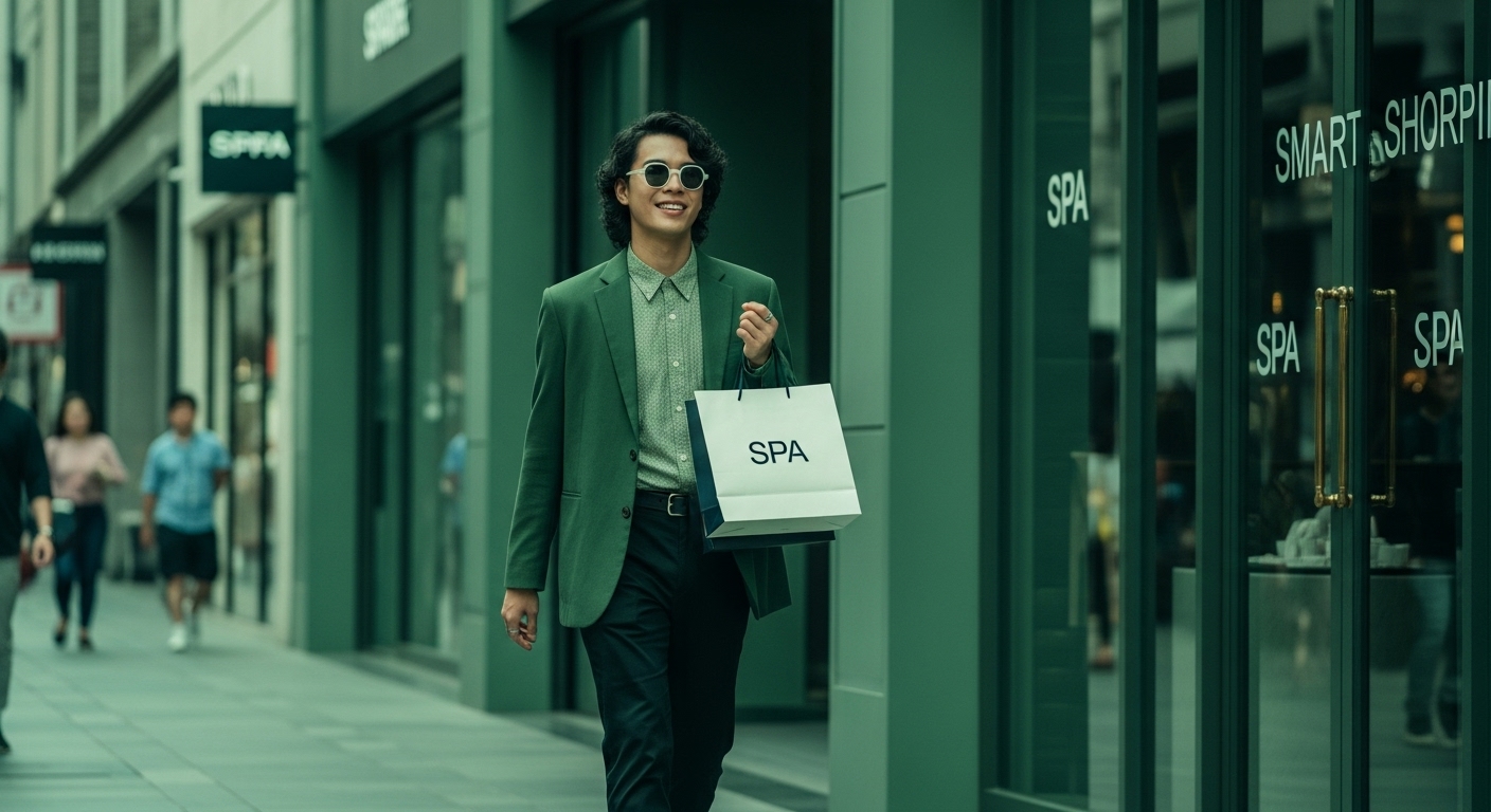 2025년 고물가 시대, SPA 브랜드 매장에서 현명하게 쇼핑하는 MZ세대 젊은이. 가치 소비를 통해 스타일과 실용성을 모두 잡는 모습.