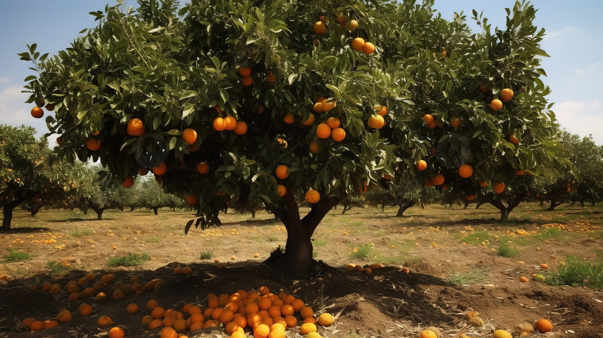 귤나무에 귤이 가득 달려있고 아래에 귤이 떨어져있는 사진