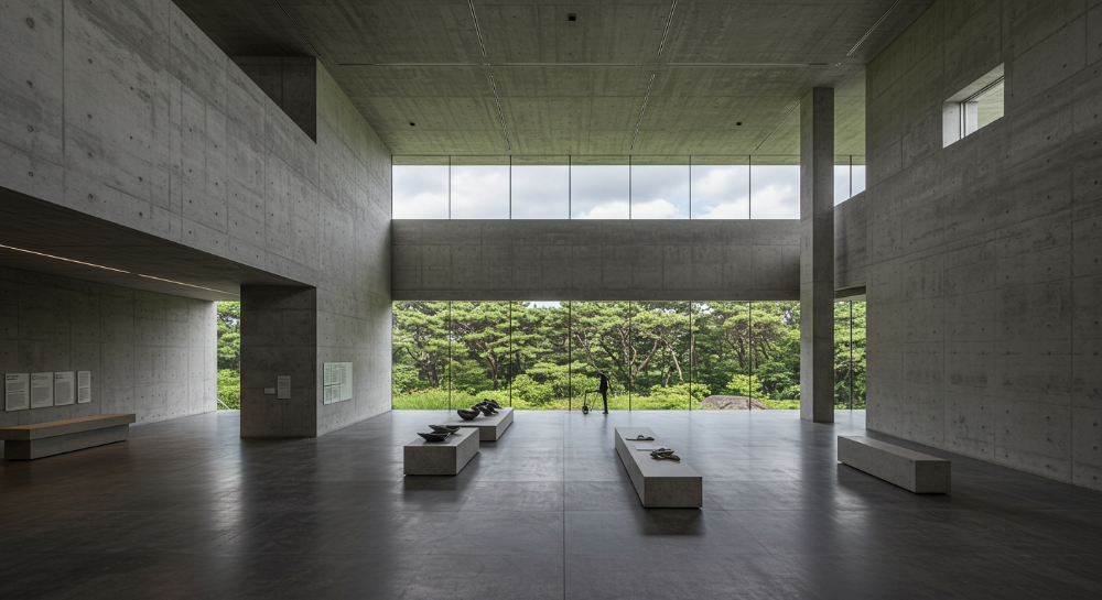 건축가 안도 타다오가 설계한 제주 본태 박물관 내부와 숲 풍경