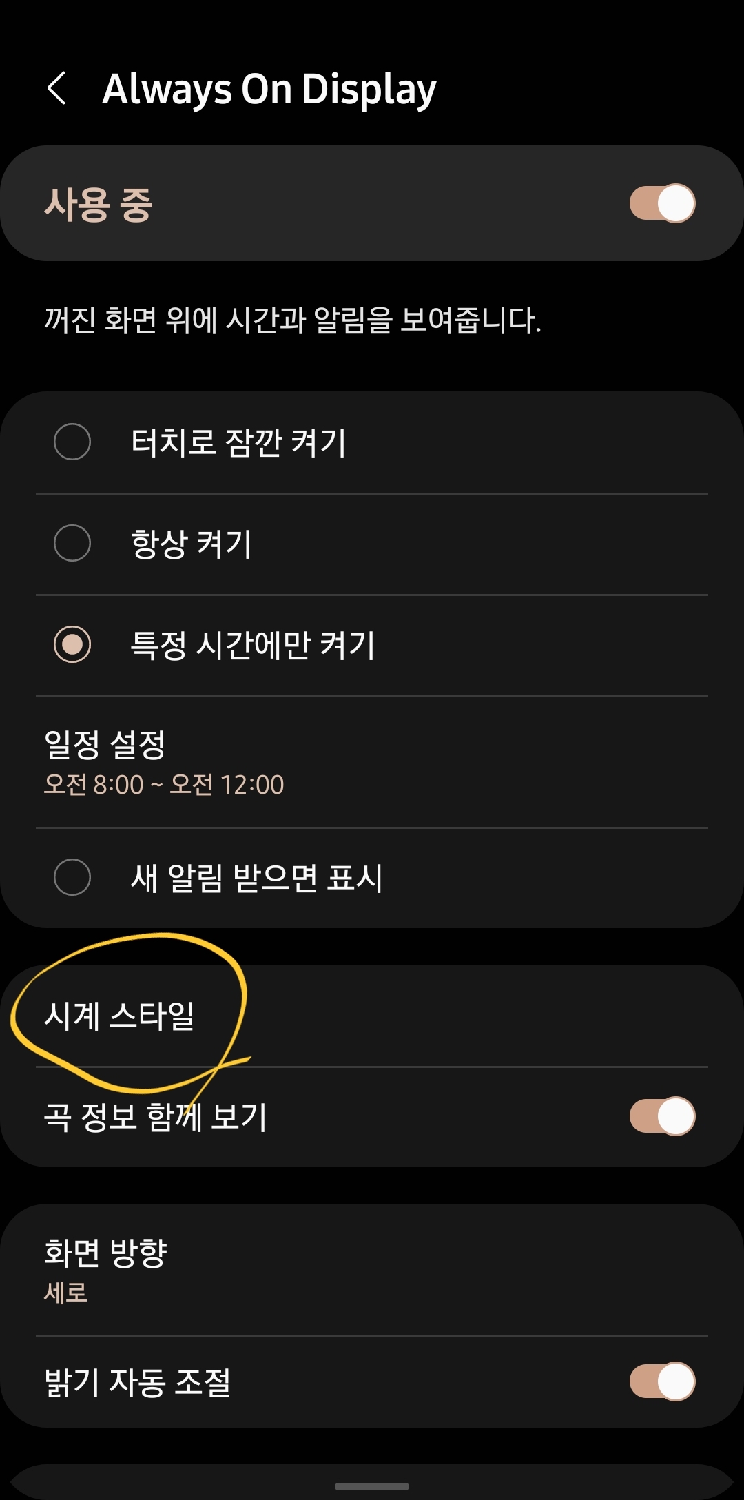 4. Always On Display 메뉴에서 "시계 스타일" 메뉴를 선택