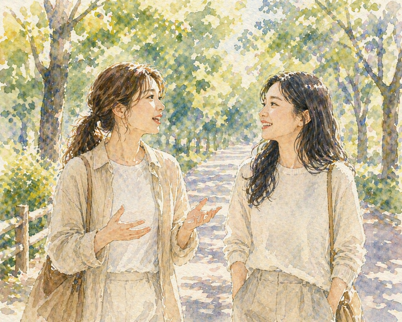 햇살이 비치는 산책길에서 두 여성이 편안하게 대화를 나누는 수채화 일러스트, 자연스럽고 건강한 관계 속 소통을 표현한 이미지