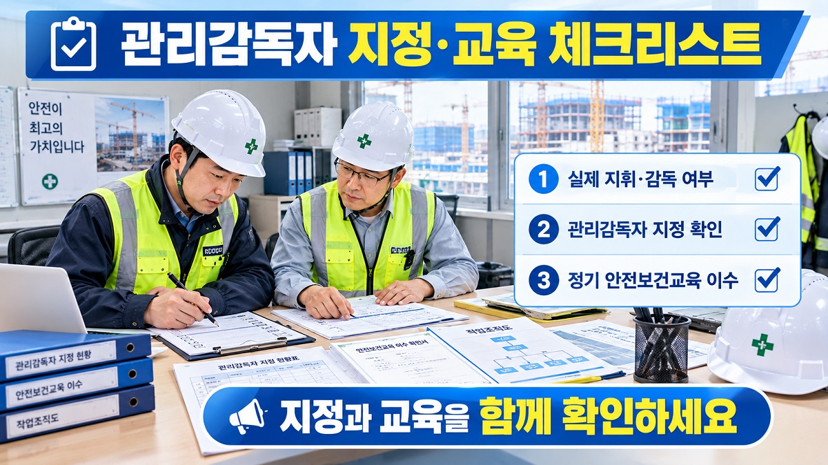 건설현장 안전관리자와 현장소장이 관리감독자 지정 서류와 교육 이수 자료를 확인하는 모습